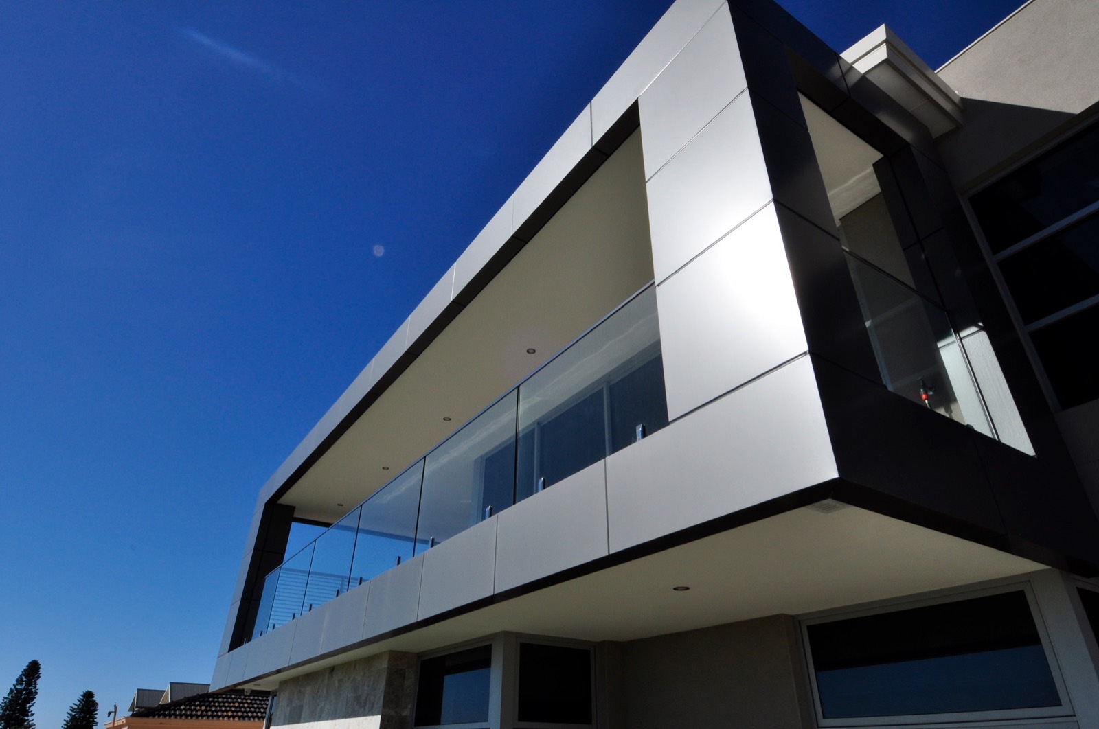 Detail of the Arcadia Drive metal-clad balcony and roofline