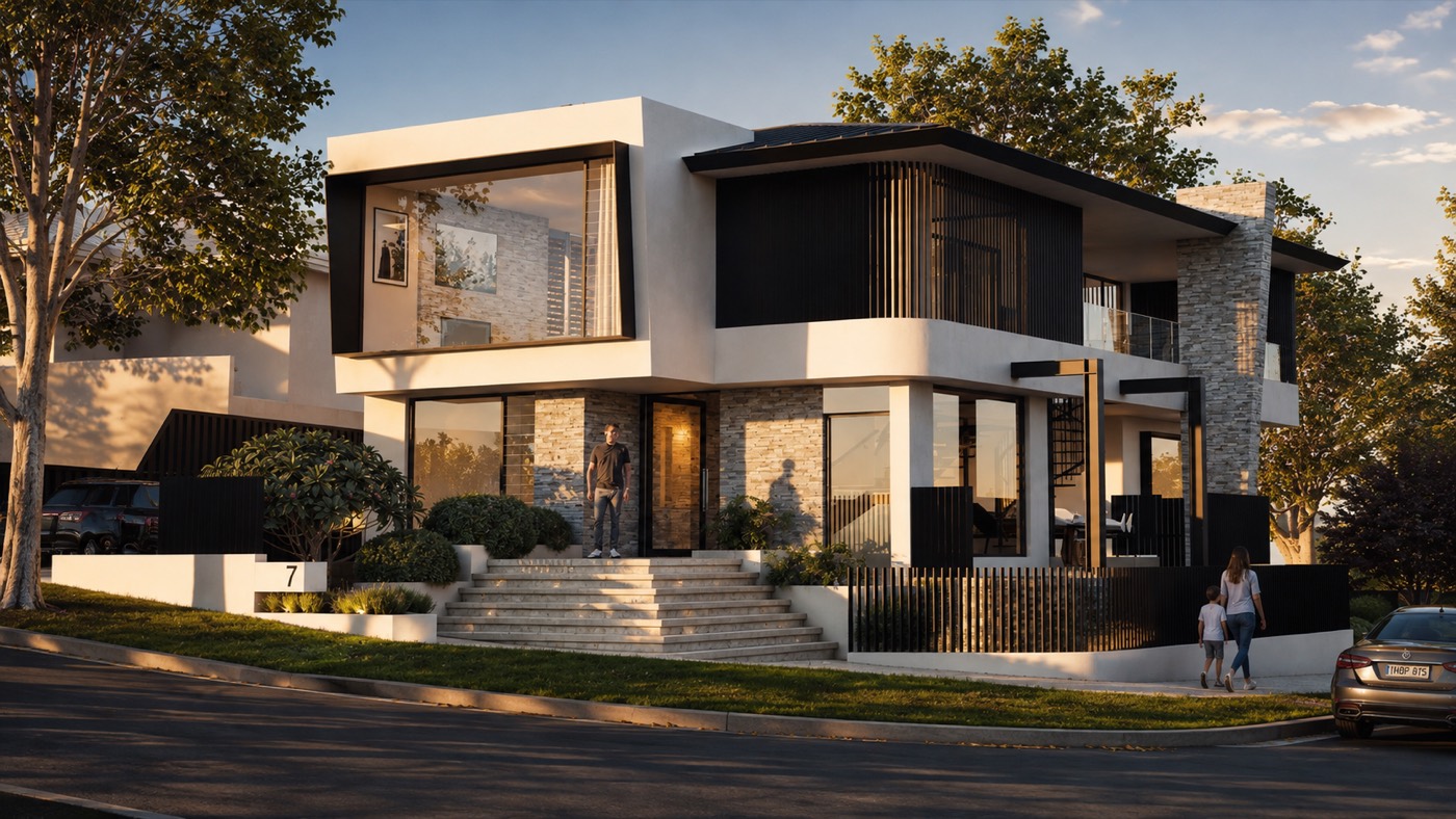 Upcoming Attadale residence with stone walls, black screening and broad cantilevered roofs