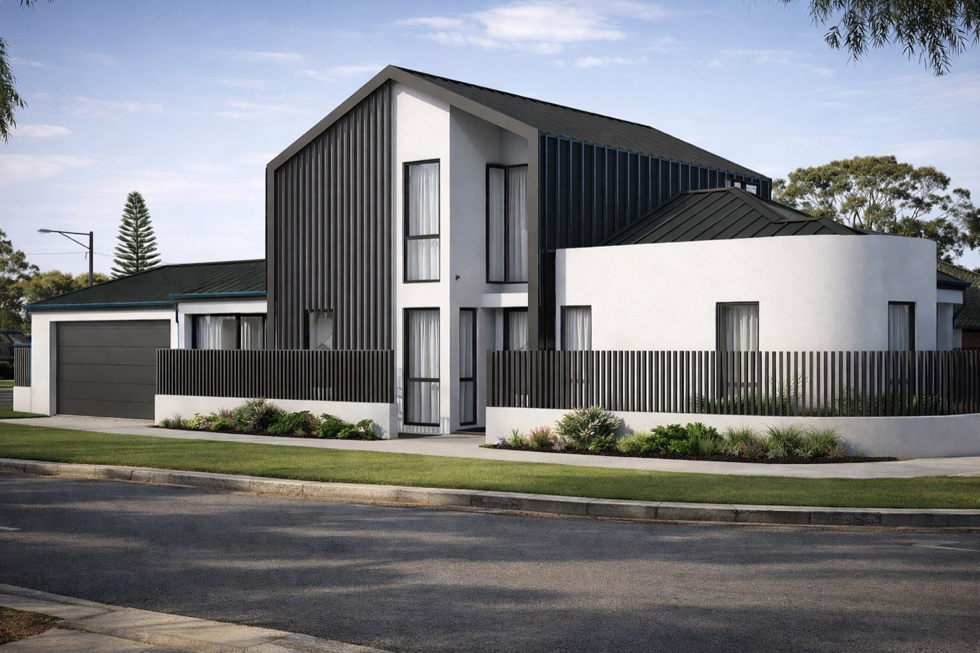 Upcoming Bicton residence with curved white walls, dark metal cladding and screened courtyards