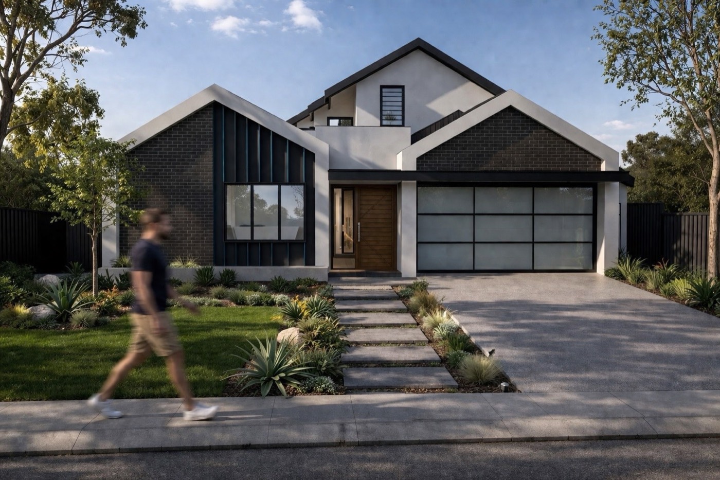 Upcoming Churchlands residence with layered gabled forms, dark brick and black metal detailing