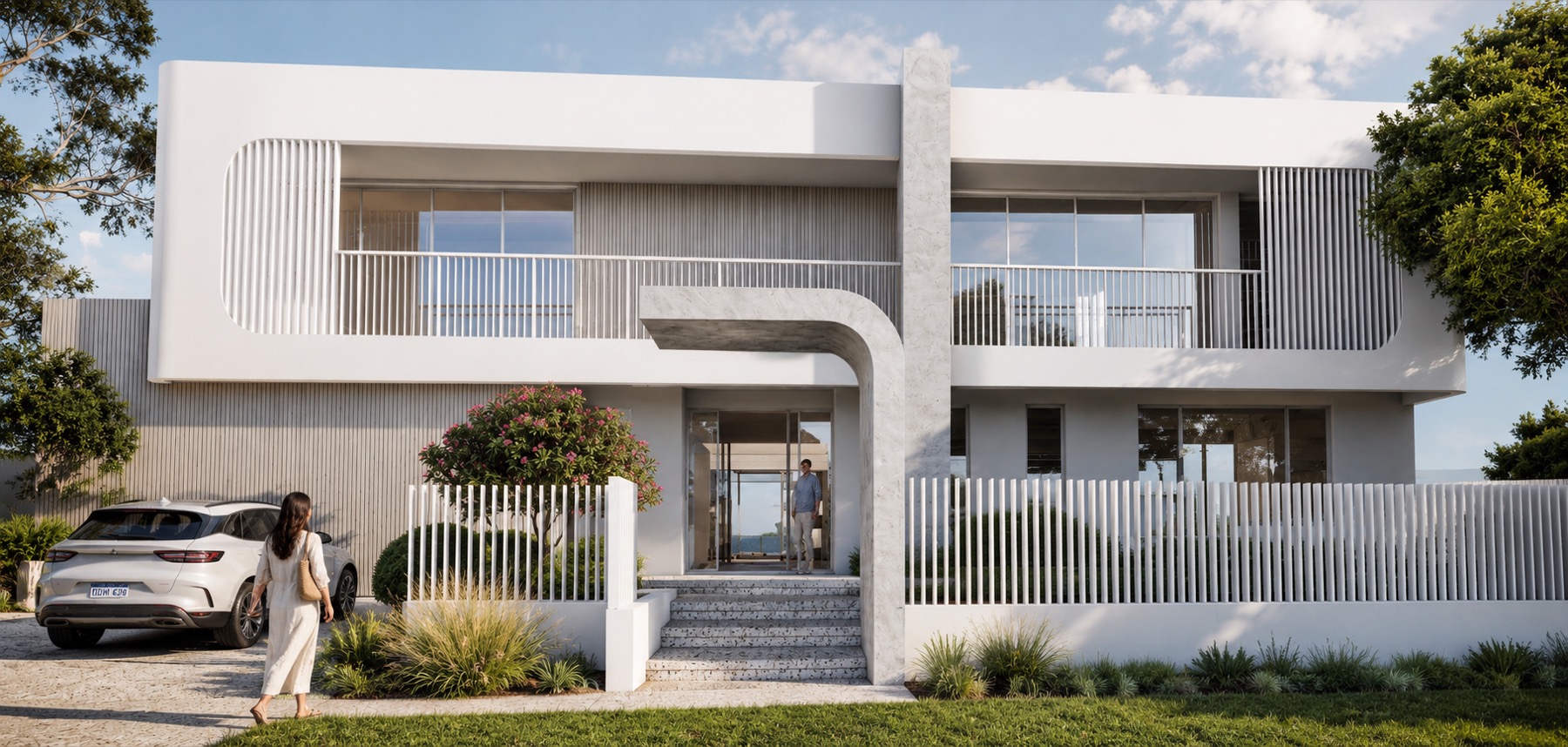 Upcoming Dunsborough residence with a sculpted white facade and curved screening