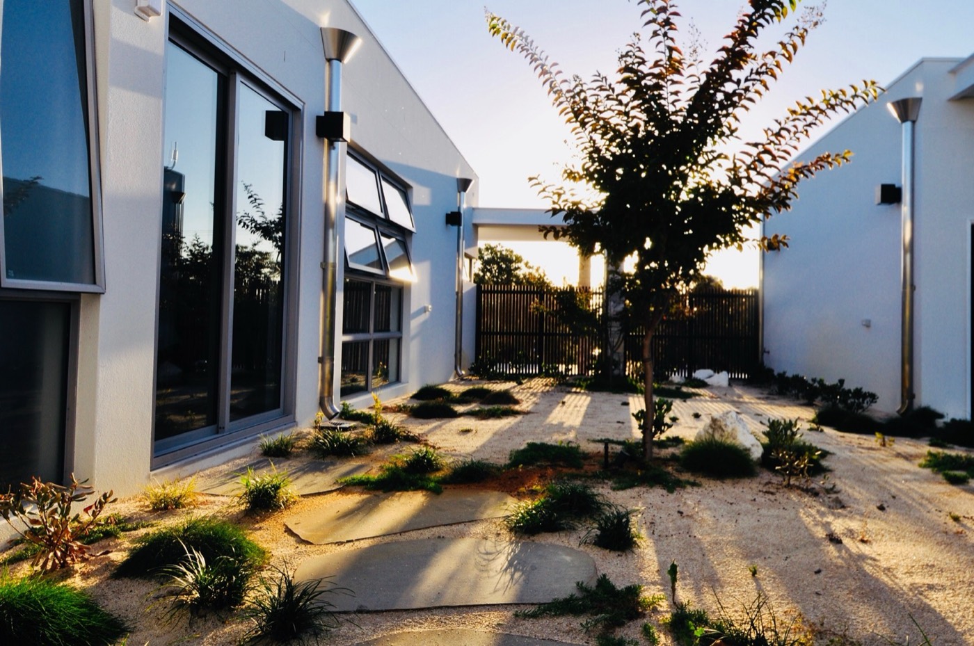 Sunlit courtyard garden between the Jandakot home's pavilions