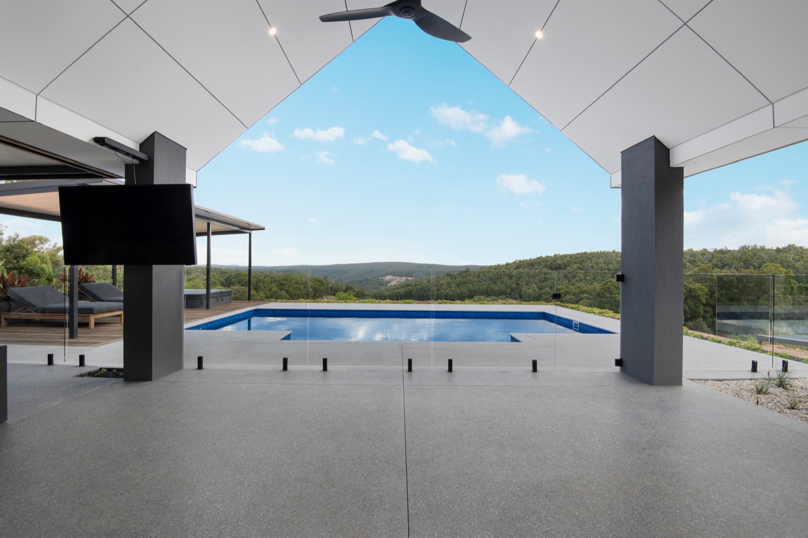 Pool pavilion framing the Karagullen bushland view