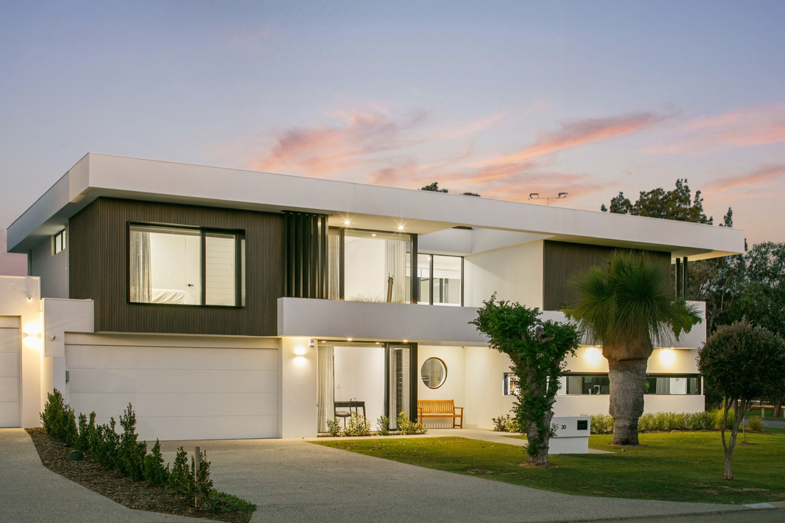 Morden Street residence street elevation at dusk