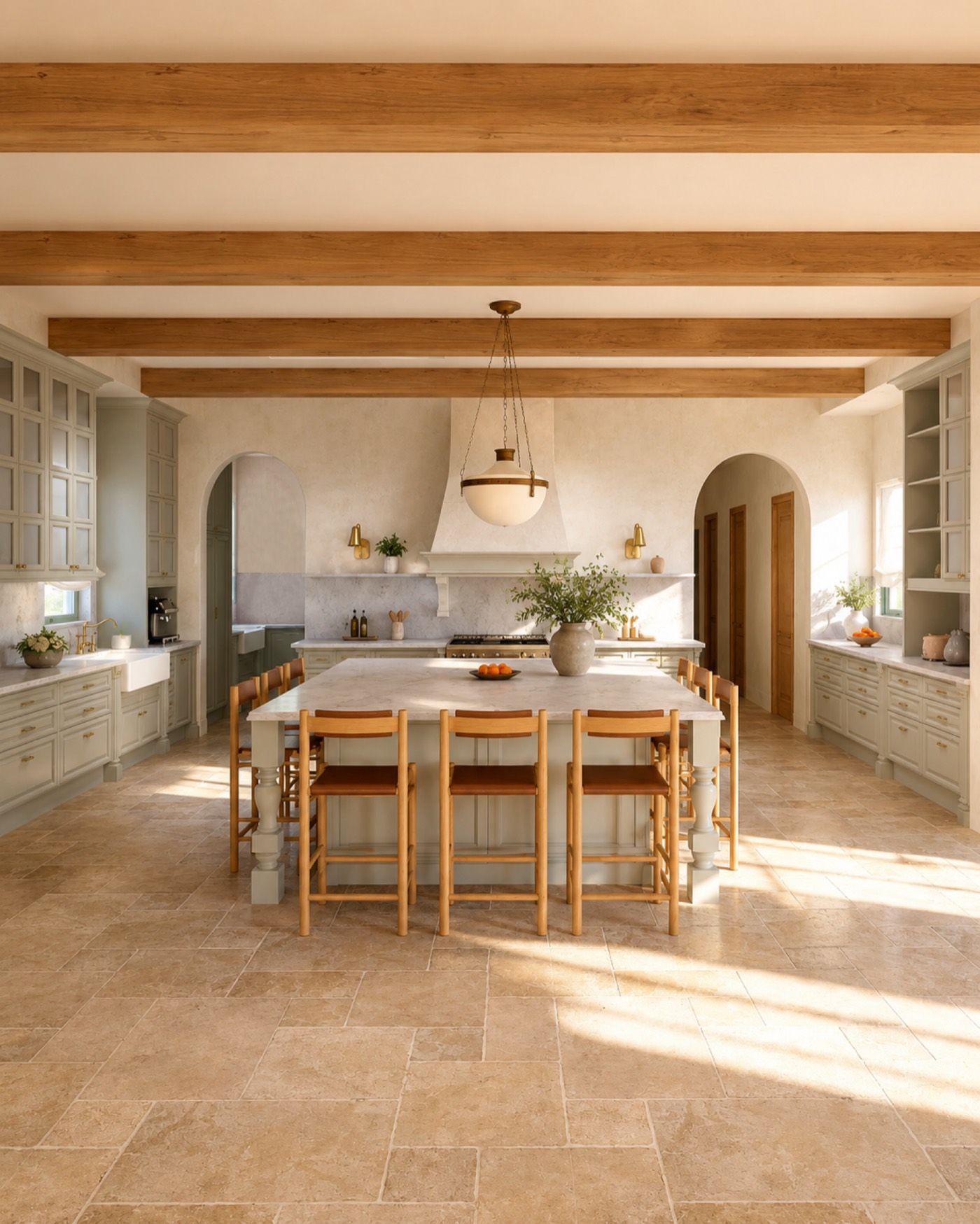 Warm country kitchen with timber ceiling beams and arched openings