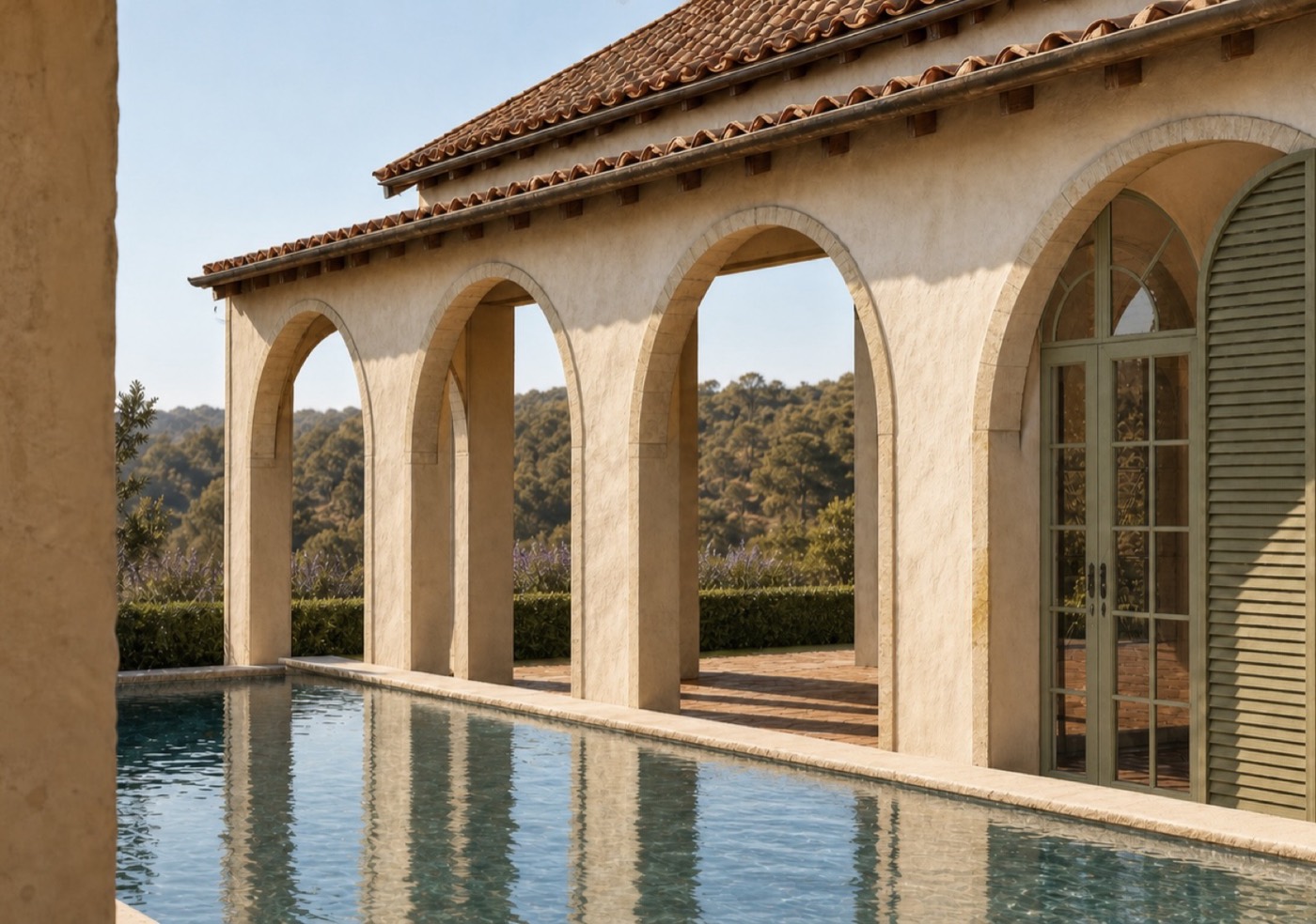 Pool arcade with pale olive framed doors at the Nannup residence