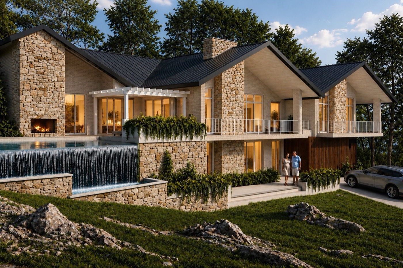 Upcoming Perth Hills residence with stone walls, gabled roofs and a cascading pool