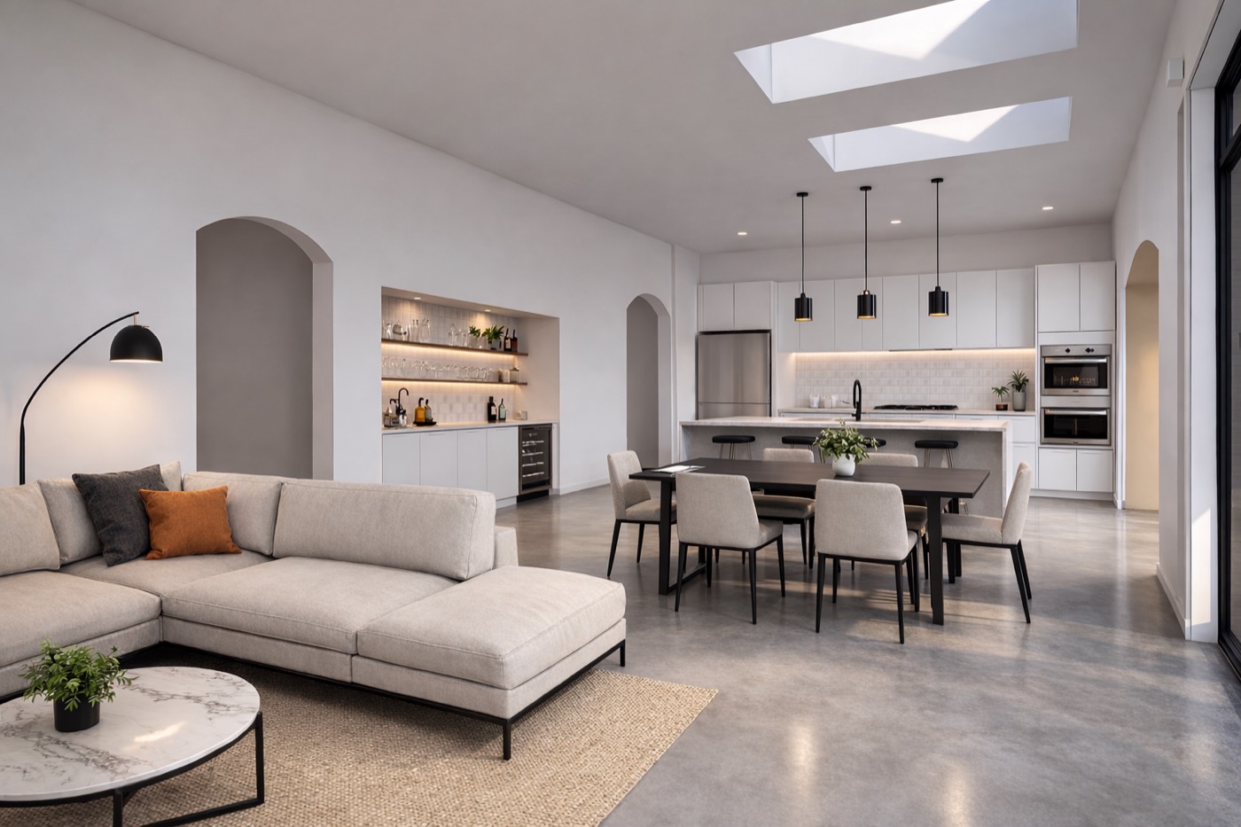 Open kitchen, dining and living interior proposed for the Rose Street renovation