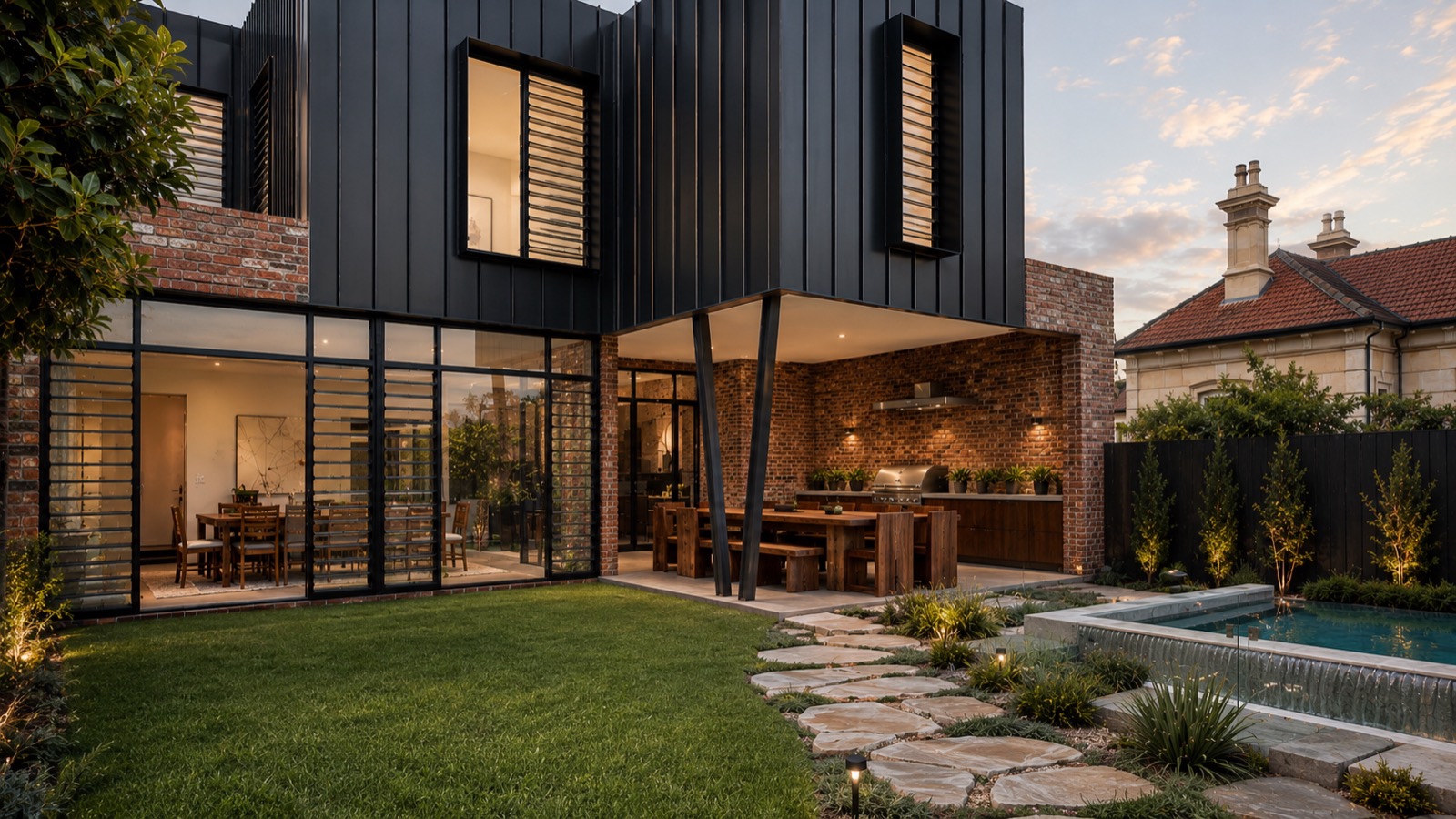Upcoming Russell Street South Fremantle renovation with brickwork, black metal cladding and a pool courtyard