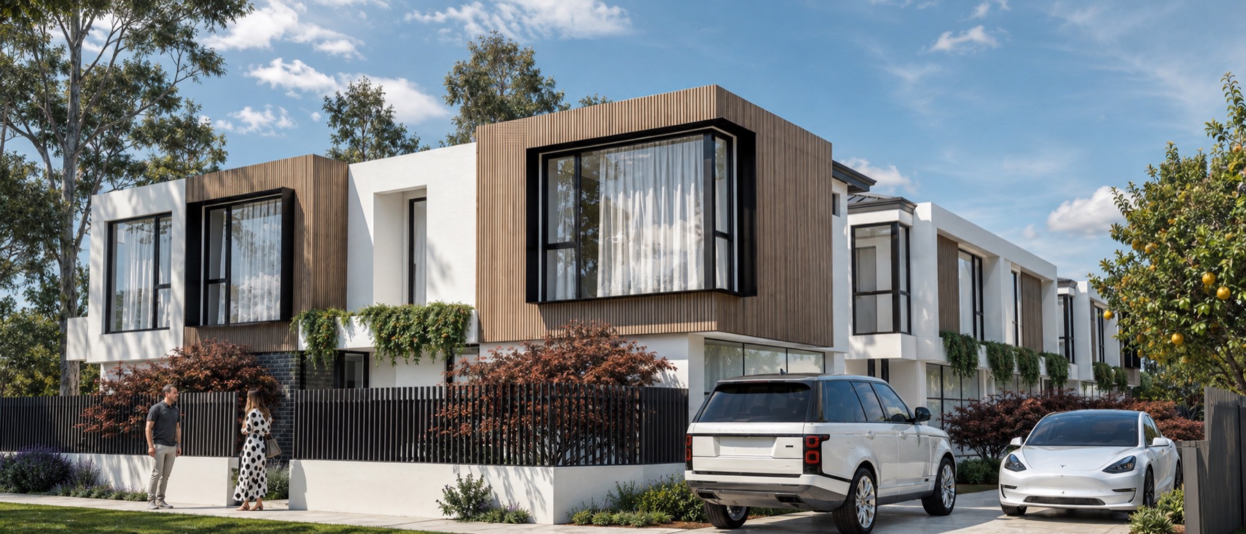 South Perth townhouse development with warm vertical cladding, white rendered forms and landscaped entries